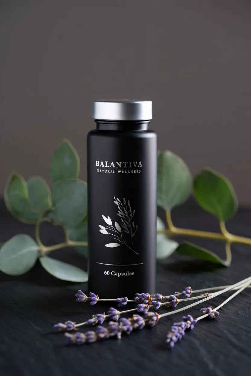 Balantiva natural supplement bottle with green botanical elements, showcasing the premium packaging design